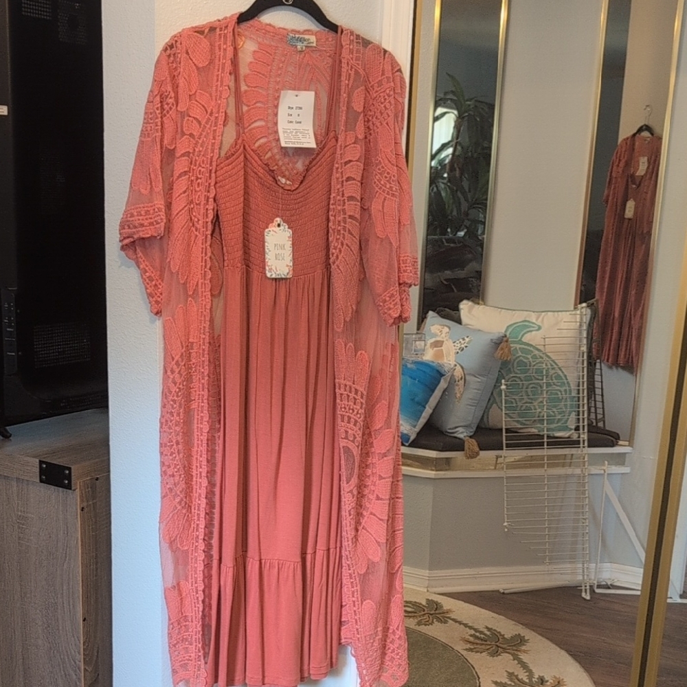 Lace Overlay Coral Maxi Dress Set Brand New